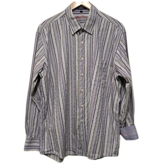 Alan Flusser Button Down Shirt Mens XL Purple Gray Striped Long Sleeve Flip Cuff - Picture 1 of 16